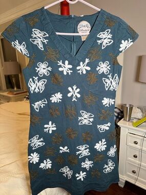 VTG Almatrichi Madrid Spain Embroidered Floral Mini Dress White Green Size 40